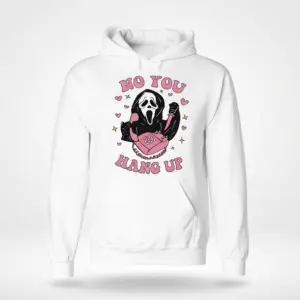 Funny Retro Halloween No You Hang Up Ghostface T-Shirt 7 Front flatlay of a white hoodie with the 'No You Hang Up' Ghostface design, featuring a pink phone, knife, hearts, and stars.