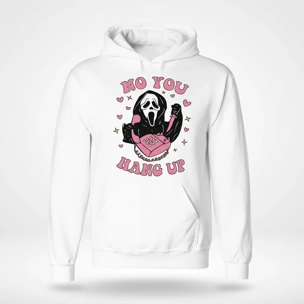 Funny Retro Halloween No You Hang Up Ghostface T-Shirt 2 Front flatlay of a white hoodie with the 'No You Hang Up' Ghostface design, featuring a pink phone, knife, hearts, and stars.