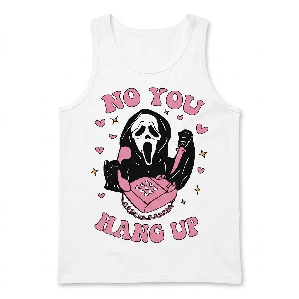 Funny Retro Halloween No You Hang Up Ghostface T-Shirt 3 White tank top, front flatlay, displaying the 'No You Hang Up' design with a Ghostface figure, pink phone, knife, hearts, and stars.