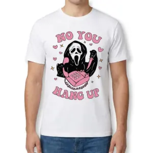 Funny Retro Halloween No You Hang Up Ghostface T-Shirt 9 Front view of a man wearing the white 'No You Hang Up' T-shirt with the Ghostface design, pink phone, knife, hearts, and stars.