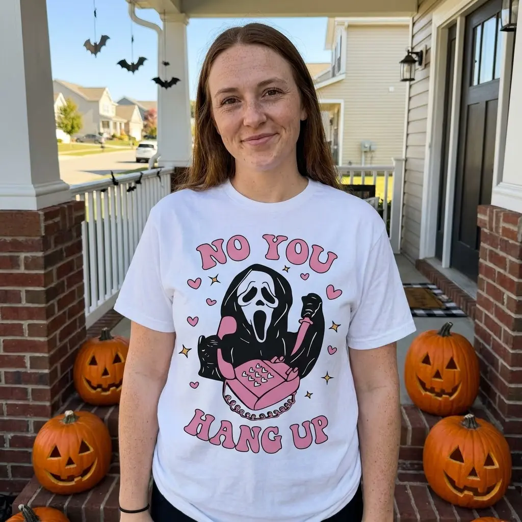 Funny Retro Halloween No You Hang Up Ghostface T-Shirt 5 Lifestyle shot of the white 'No You Hang Up' T-shirt, highlighting the playful Ghostface, pink phone, knife, hearts, and stars design.