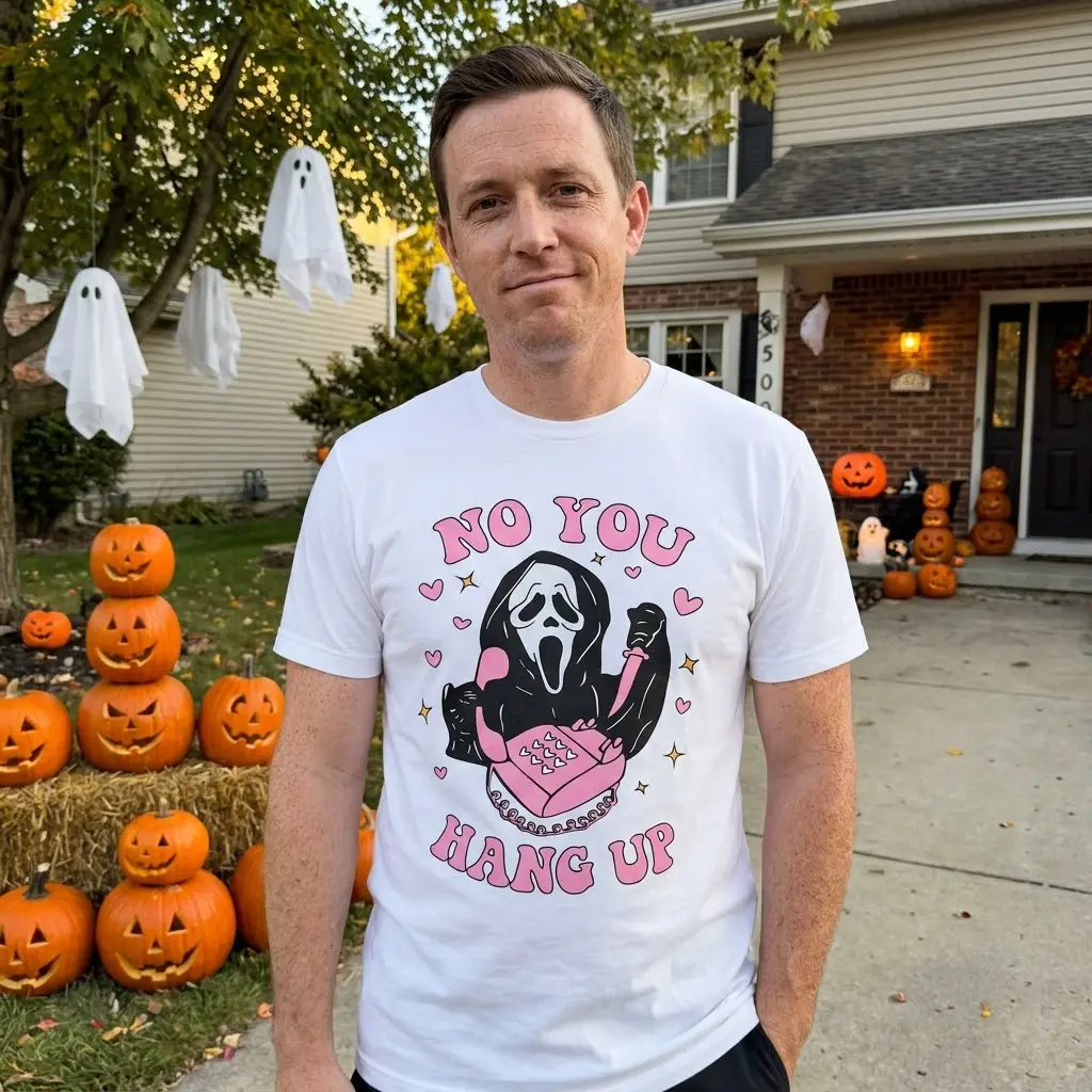 Funny Retro Halloween No You Hang Up Ghostface T-Shirt 6 The 'No You Hang Up' Ghostface T-shirt displayed in a lifestyle setting, showcasing the pink phone, knife, heart, and star details.