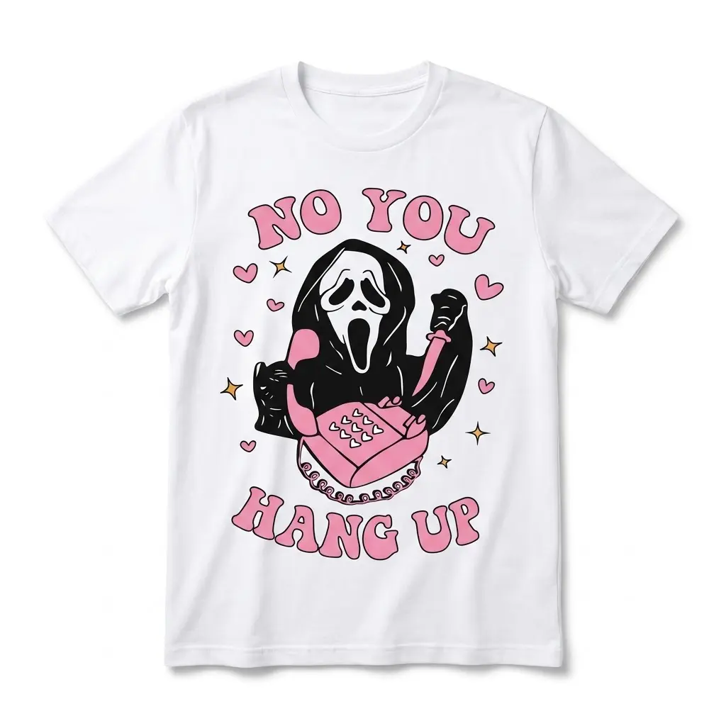 Funny Retro Halloween No You Hang Up Ghostface T-Shirt 1 Front view of a white 'No You Hang Up' T-shirt featuring a Ghostface figure holding a pink phone and knife, accented with pink hearts and stars.