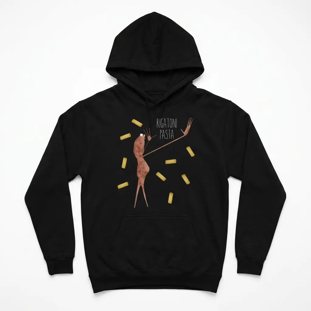 Black t-shirt with a whimsical rigatoni pasta print.