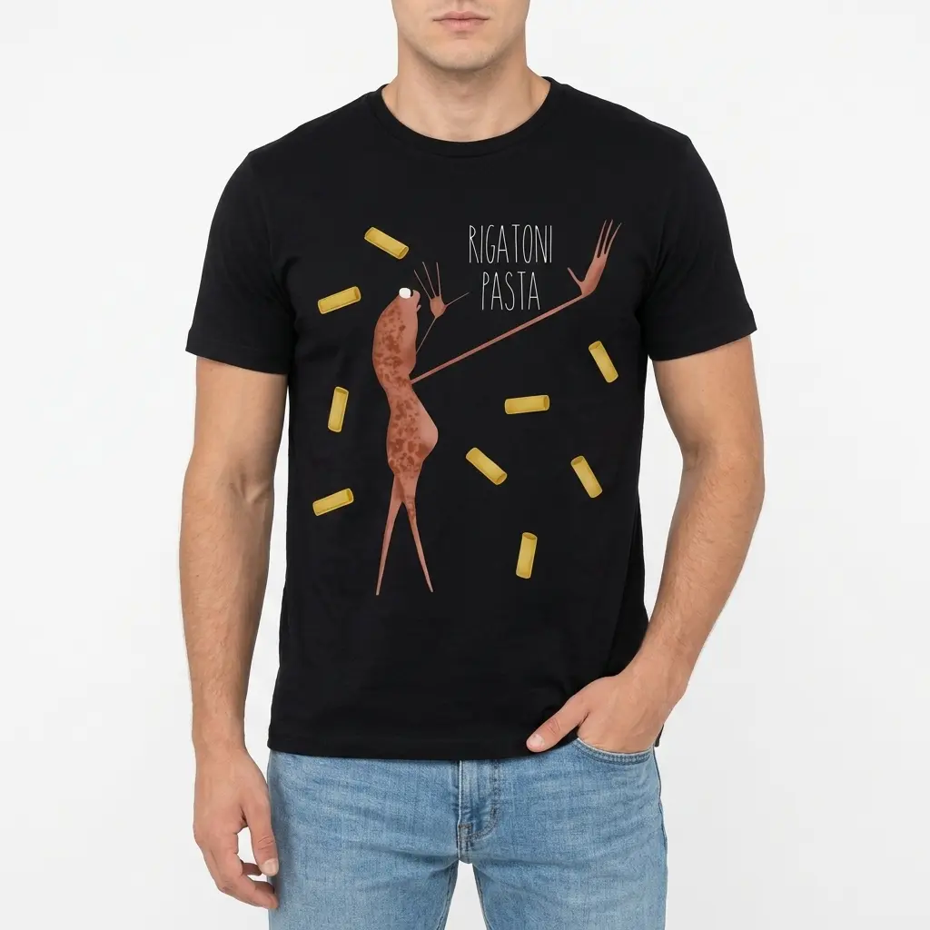 Graphic tee displaying a creative rigatoni pasta illustration.