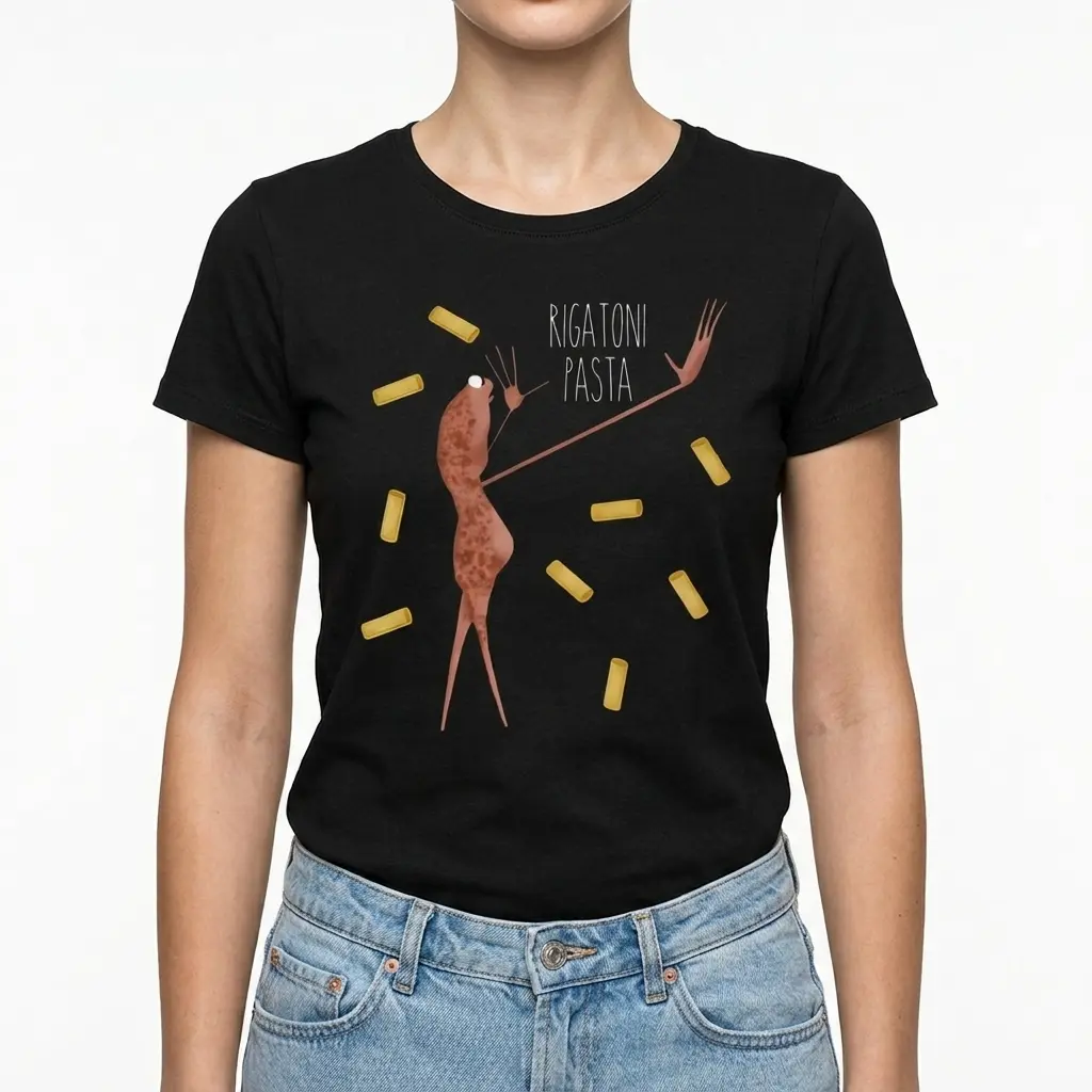 Humorous t-shirt with a surreal pasta design.