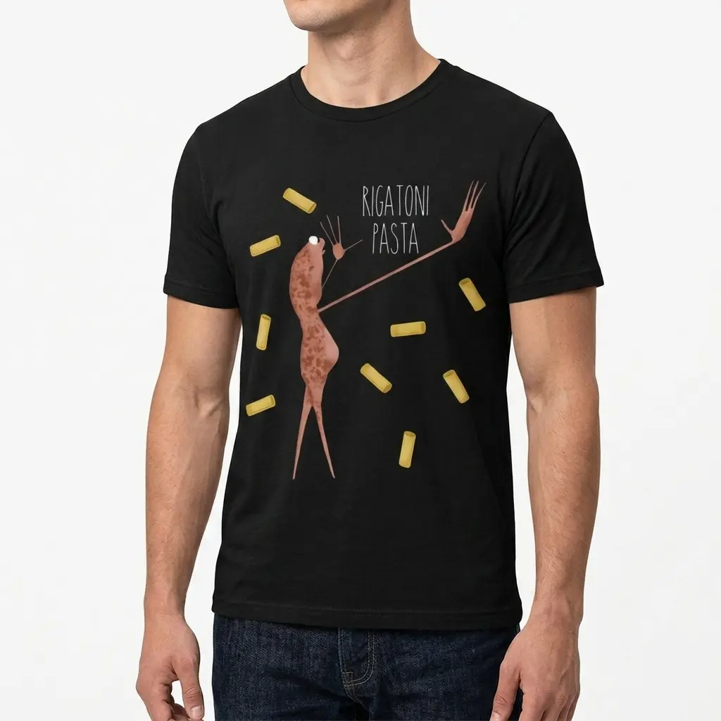 Funny rigatoni pasta themed t-shirt design.