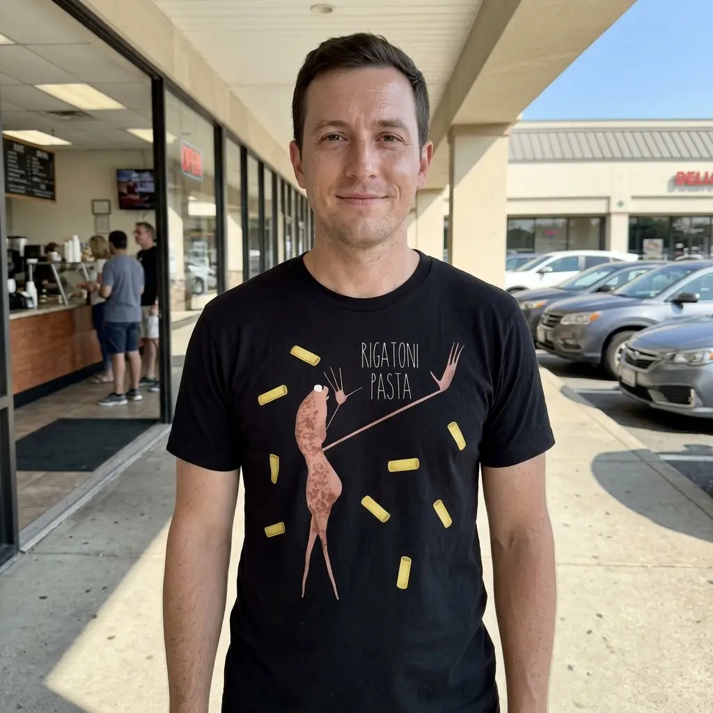 Model wearing a black tee with a rigatoni pasta graphic.