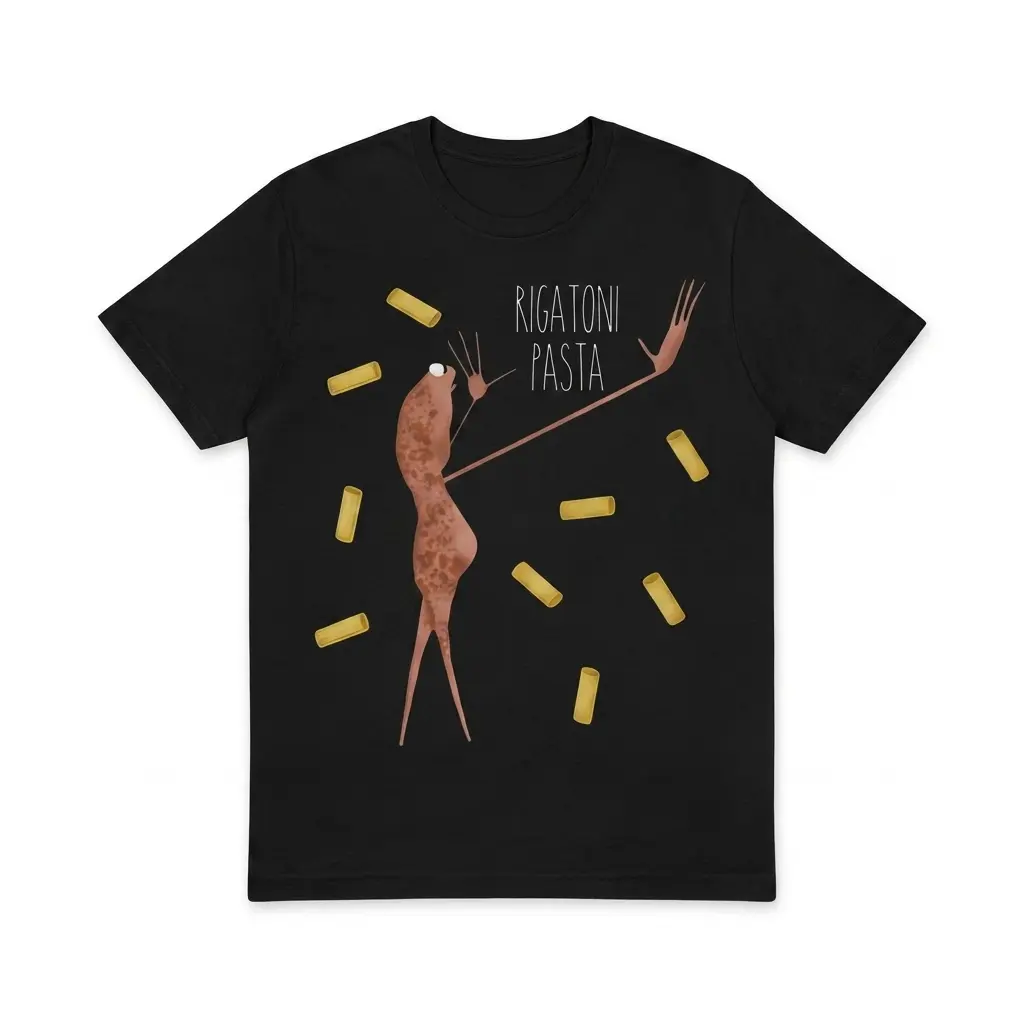 Black t-shirt featuring a surreal rigatoni pasta graphic design.