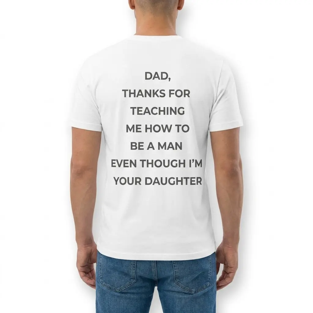 Funny Sarcastic Daughter to Dad T-Shirt 4 Back view of a man wearing the white shirt with the sarcastic daughter quote printed across the back.