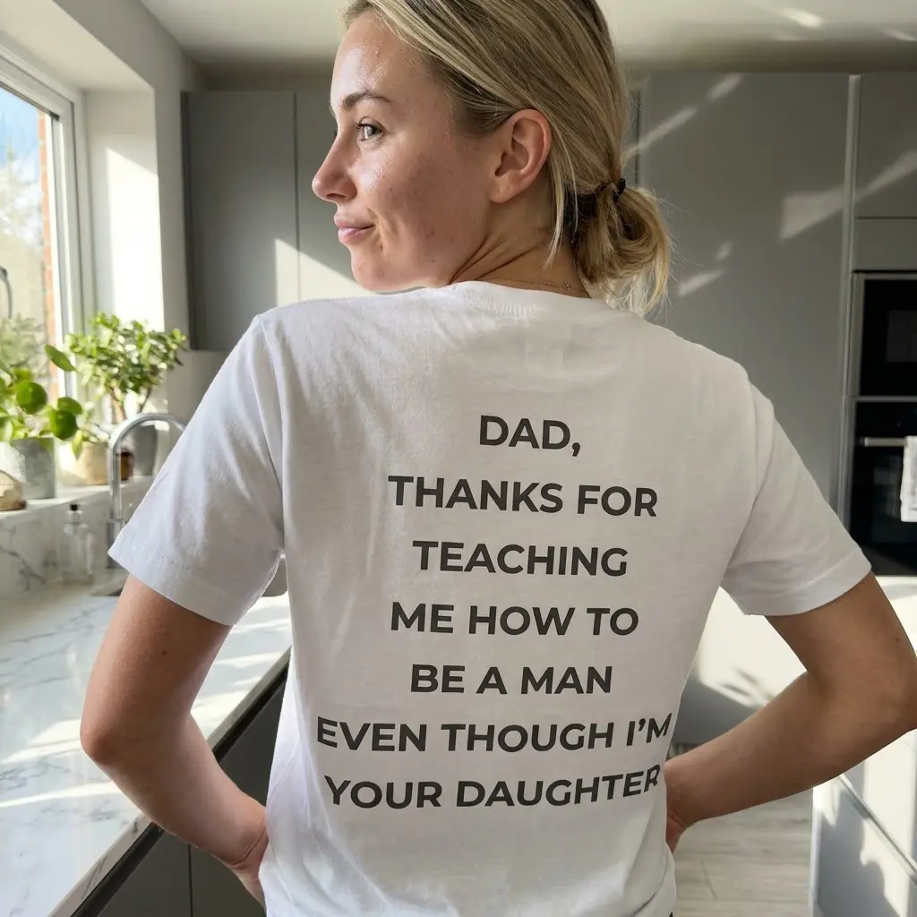 Funny Sarcastic Daughter to Dad T-Shirt 5 Lifestyle setting showcasing the back of the funny daughter dad t-shirt.