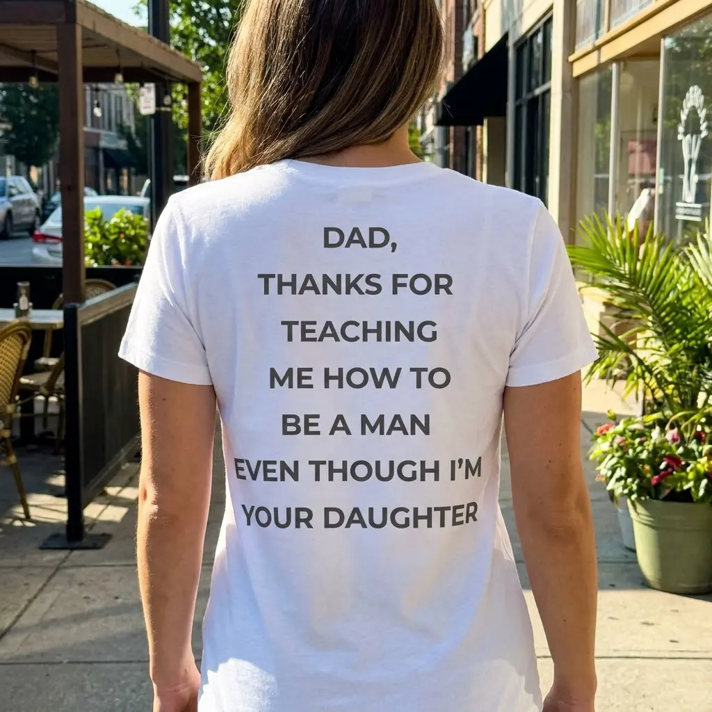 Funny Sarcastic Daughter to Dad T-Shirt 6 Casual lifestyle display highlighting the sarcastic quote design on the back of the shirt.