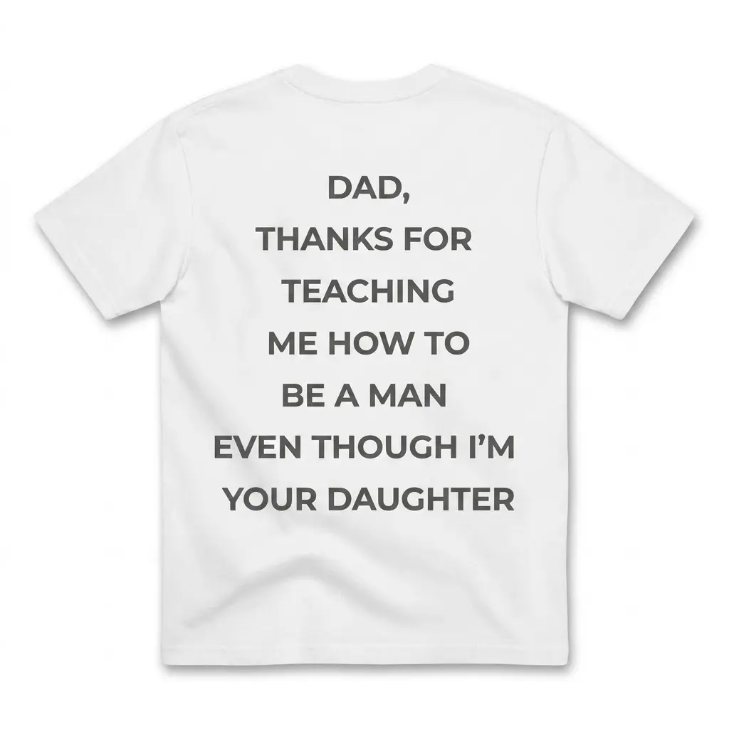 Funny Sarcastic Daughter to Dad T-Shirt 1 Back flat lay of a white t-shirt reading Dad, Thanks For Teaching Me How To Be A Man Even Though I'm Your Daughter.