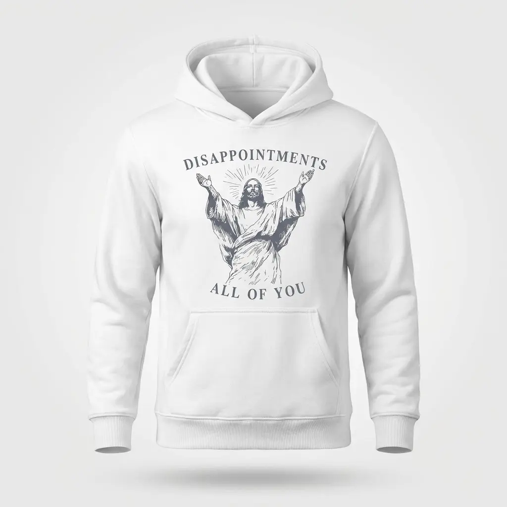 Flat lay of a white hoodie printed with the funny sarcastic Jesus graphic and the text 'Disappointments All of You'.