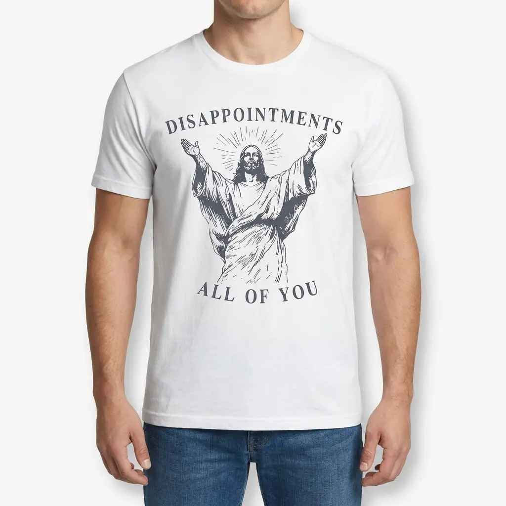 A man wears the funny sarcastic Jesus shirt in white, displaying the graphic of Jesus with the text 'Disappointments All of You'.