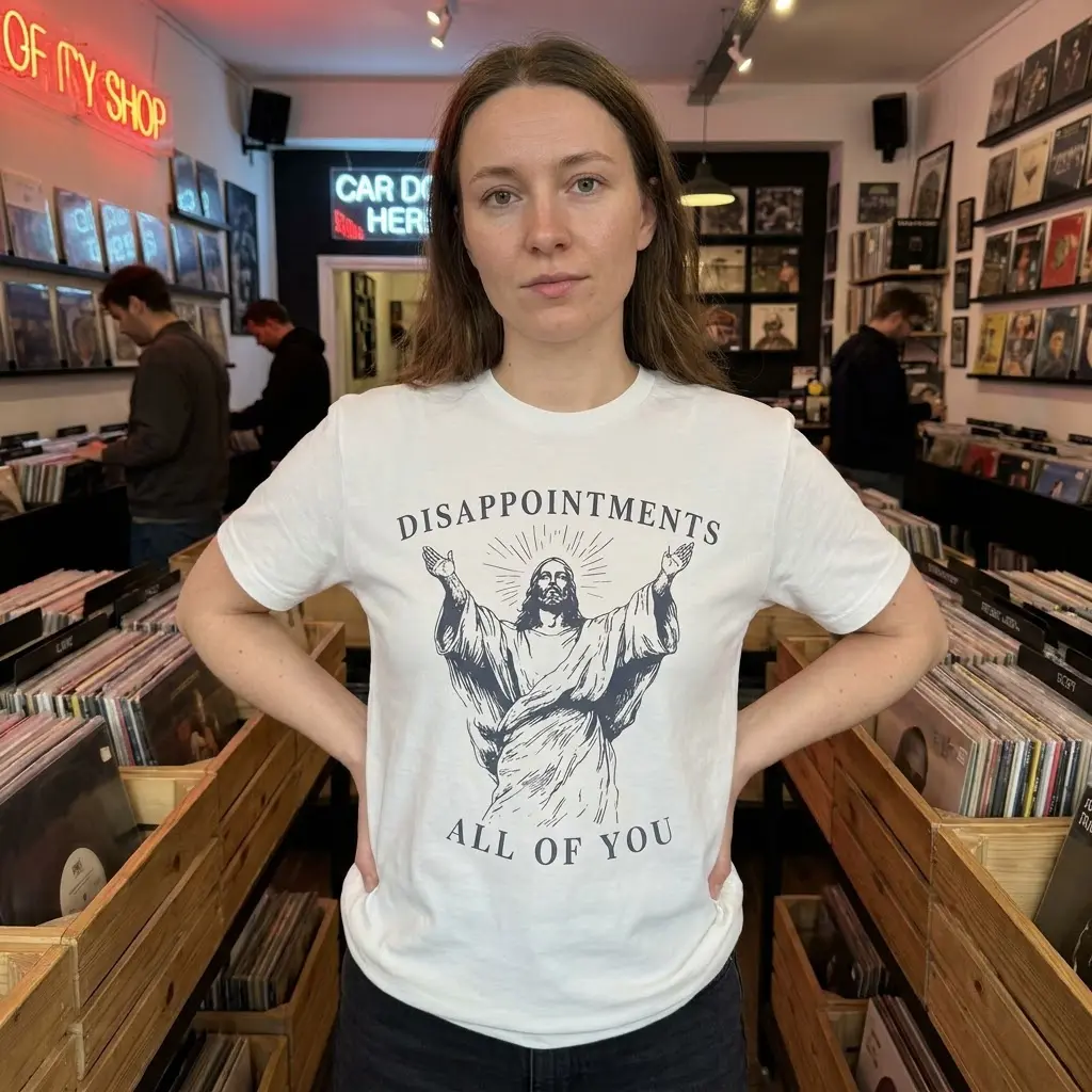 A styled casual look featuring the white graphic t-shirt with the ironic 'Disappointments All of You' Jesus print.