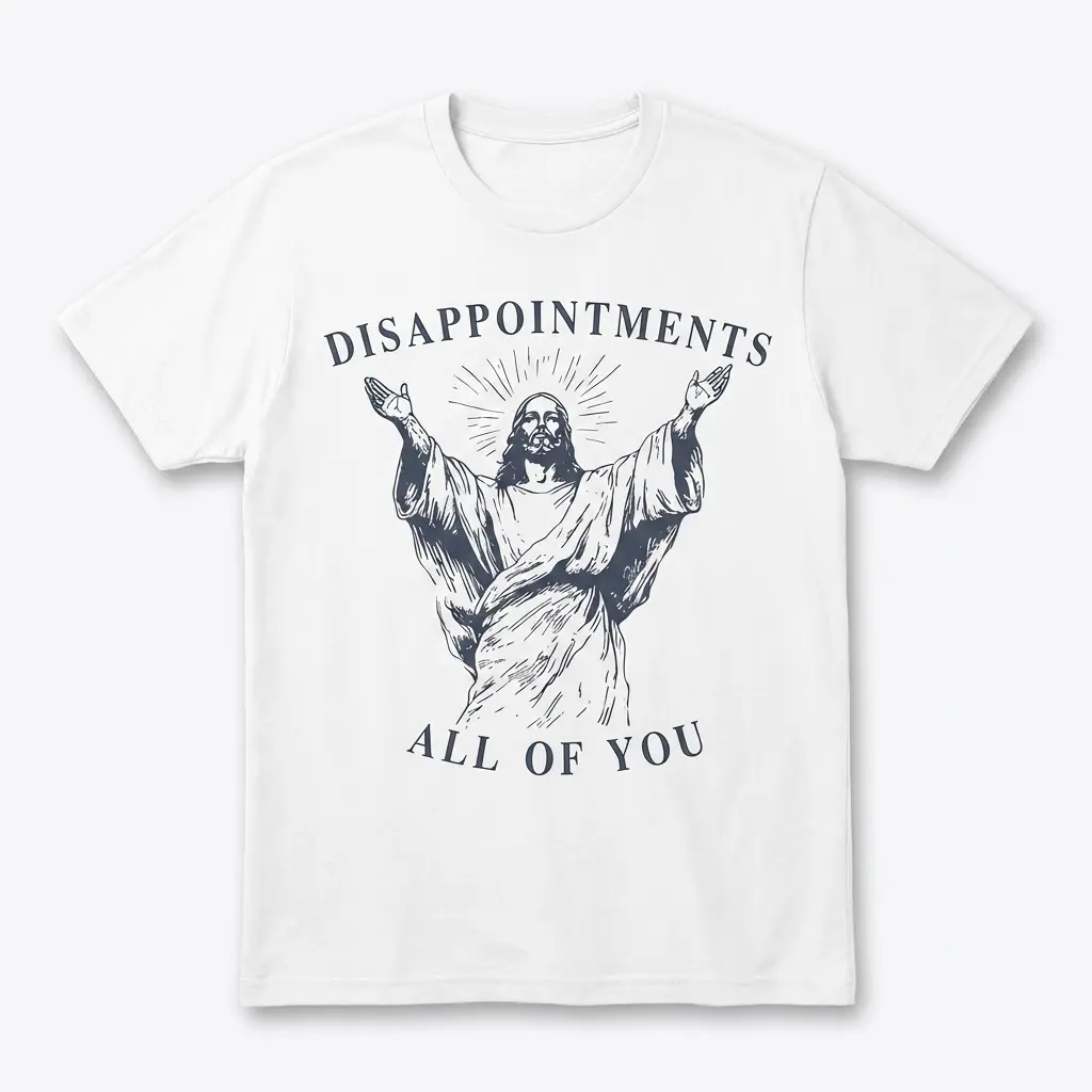 Flat lay of a white t-shirt featuring a funny sarcastic Jesus graphic with arms outstretched and the text 'Disappointments All of You'.