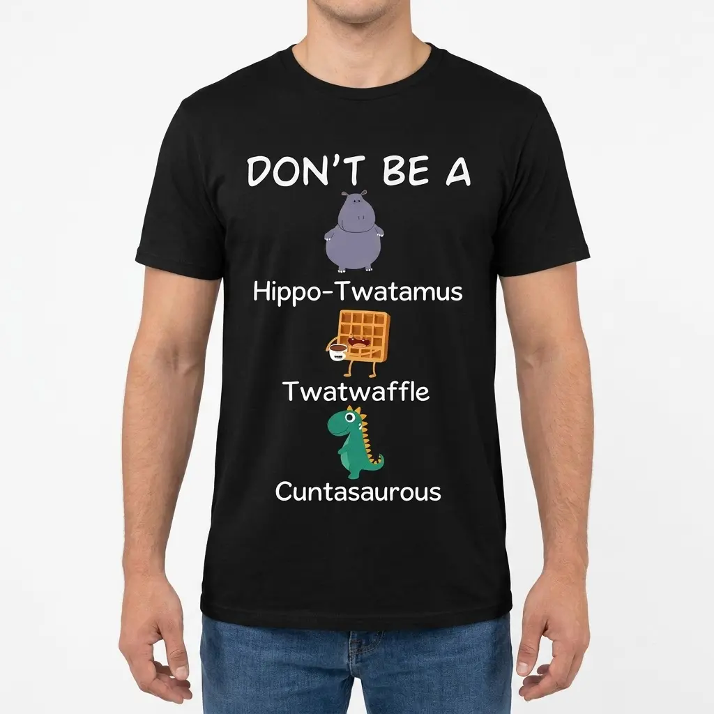 Front view of a male model wearing the black Don't Be A graphic shirt featuring sarcastic cartoon illustrations.