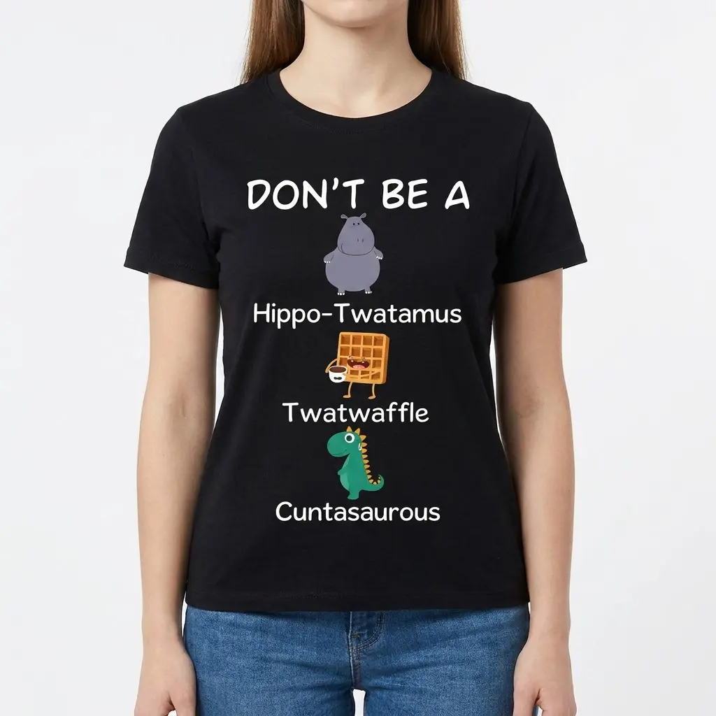 Front view of a female model wearing the black graphic apparel featuring the humorous Don't Be A cartoon list design.