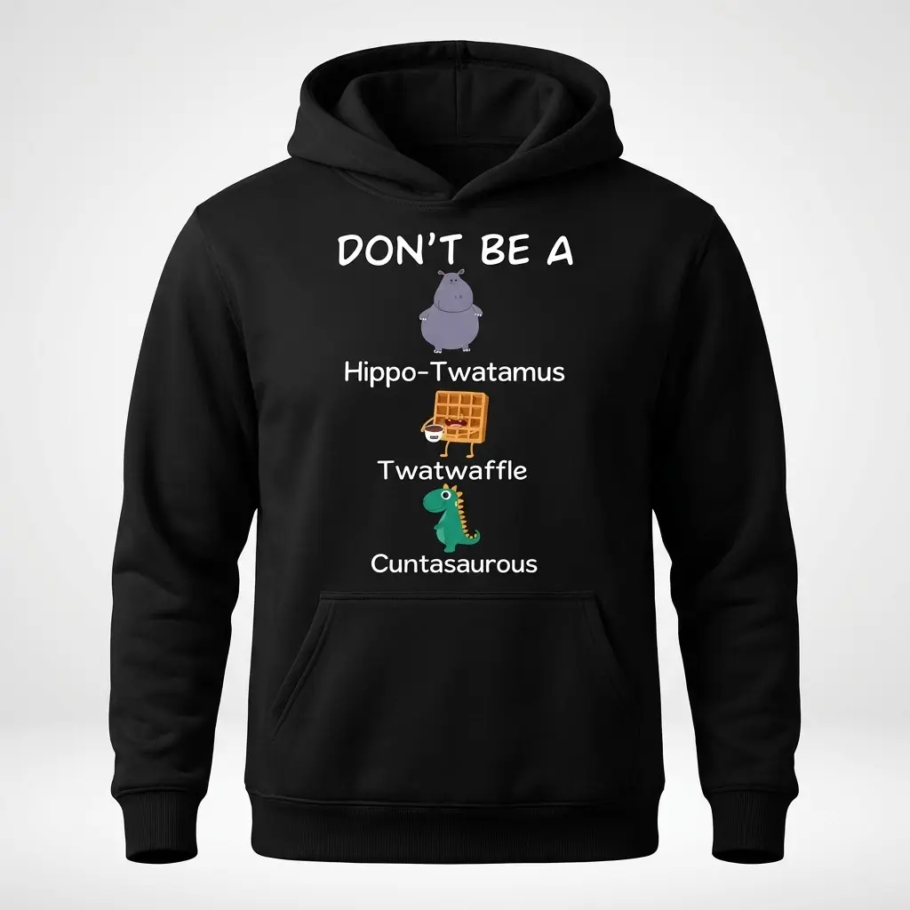 Flat lay front view of a black funny sarcastic graphic hoodie featuring the Don't Be A cartoon insult list graphic across the chest.
