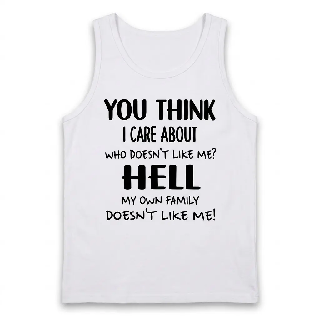 Front view flat lay of a sleeveless tank top printed with the humorous sarcastic family quote in black text.