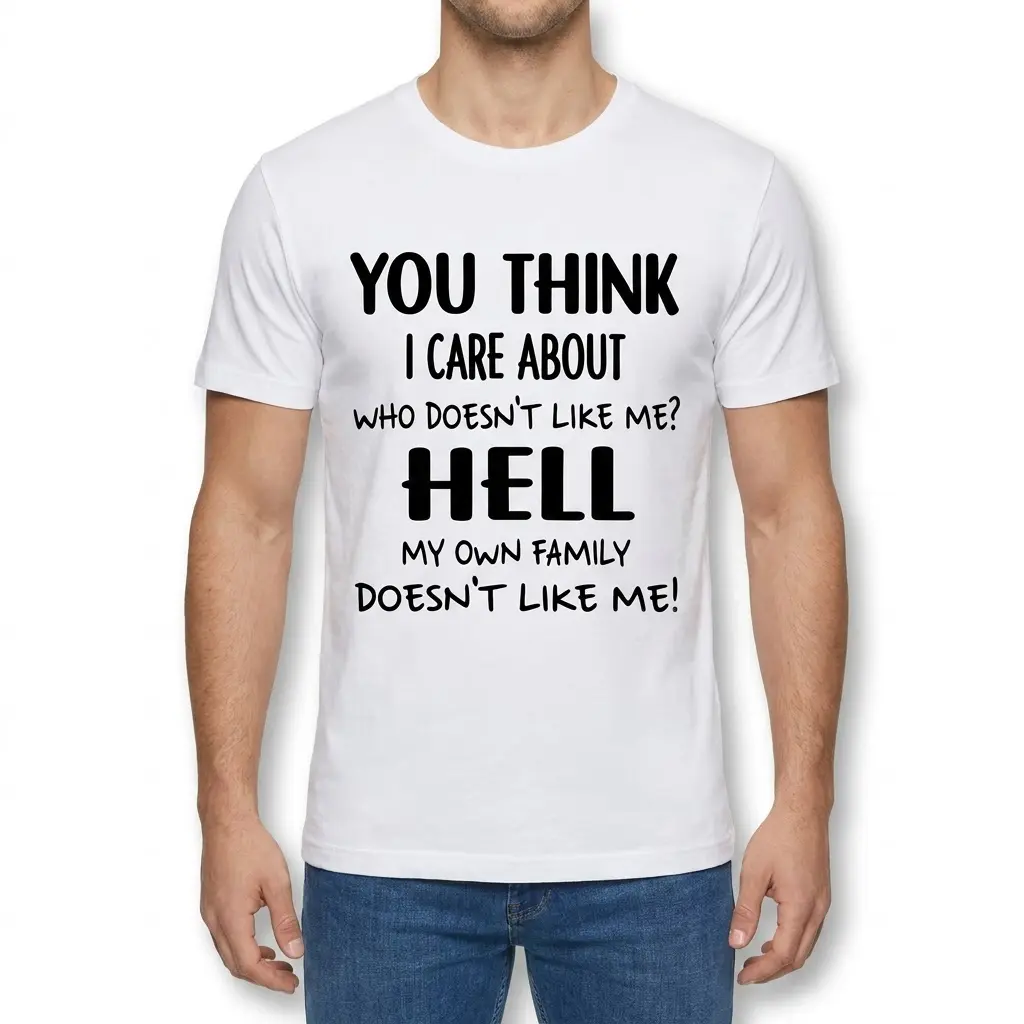 Front view of a male model wearing the sarcastic family quote shirt with bold black typography.