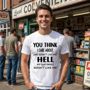 Funny Sarcastic Family Quote T-Shirt 10 Lifestyle view of a model wearing the white sarcastic family quote top in a casual setting.
