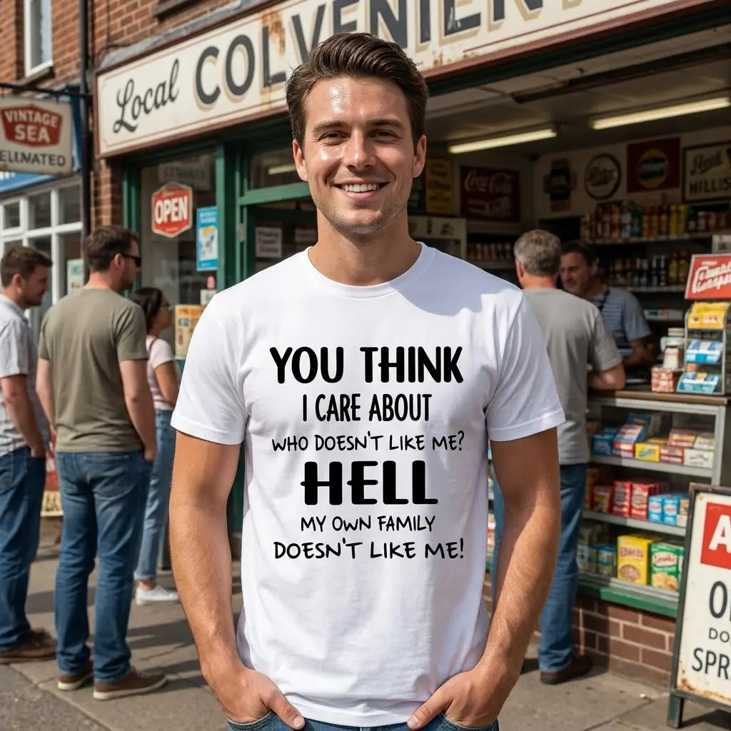 Lifestyle view of a model wearing the white sarcastic family quote top in a casual setting.