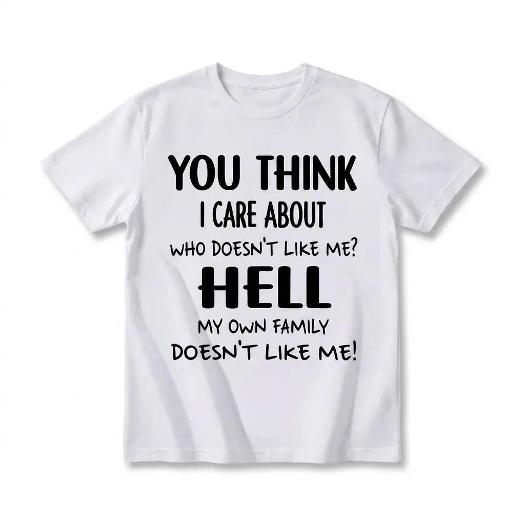 Flat lay of a white t-shirt featuring black text reading "YOU THINK I CARE ABOUT WHO DOESN'T LIKE ME? HELL MY OWN FAMILY DOESN'T LIKE ME!".