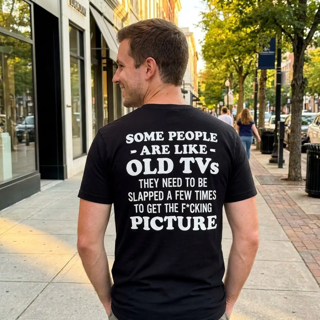 Alternate lifestyle view highlighting the sarcastic quote print on the back of the apparel.
