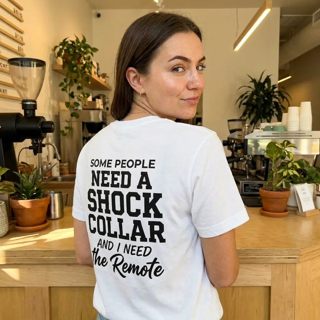 Lifestyle view showcasing the sarcastic shock collar remote graphic design on apparel.