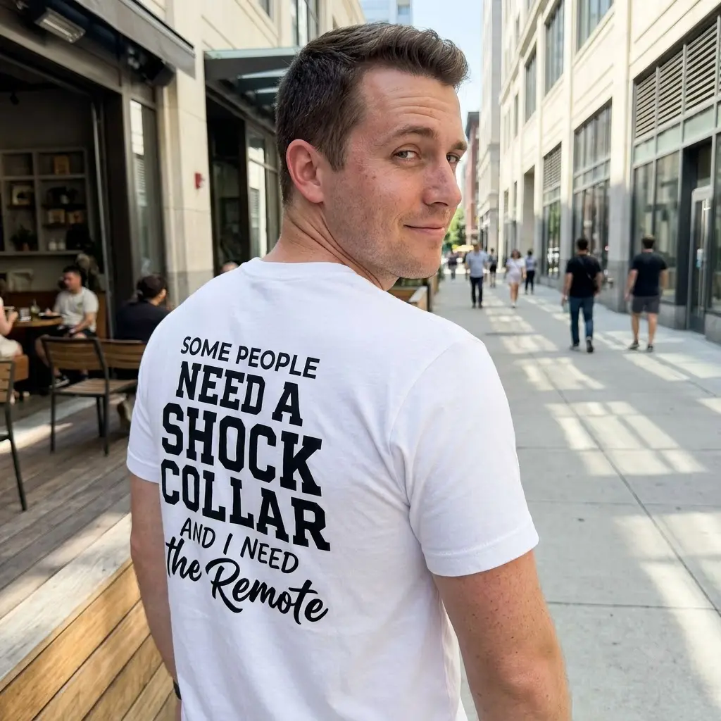Casual lifestyle setting displaying the funny shock collar sarcasm shirt design.
