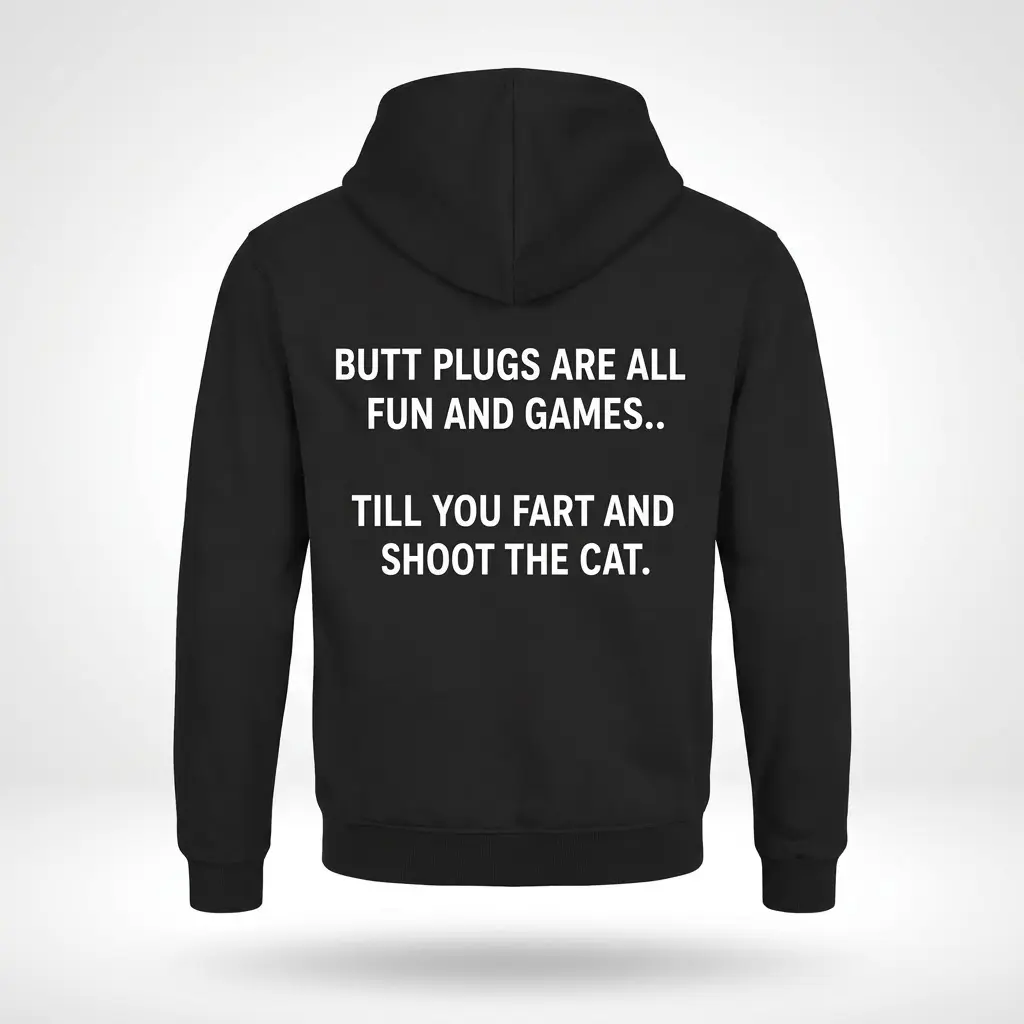 Back view of a black hoodie laid flat, printed with the funny adult humor joke about butt plugs and shooting the cat in white text.