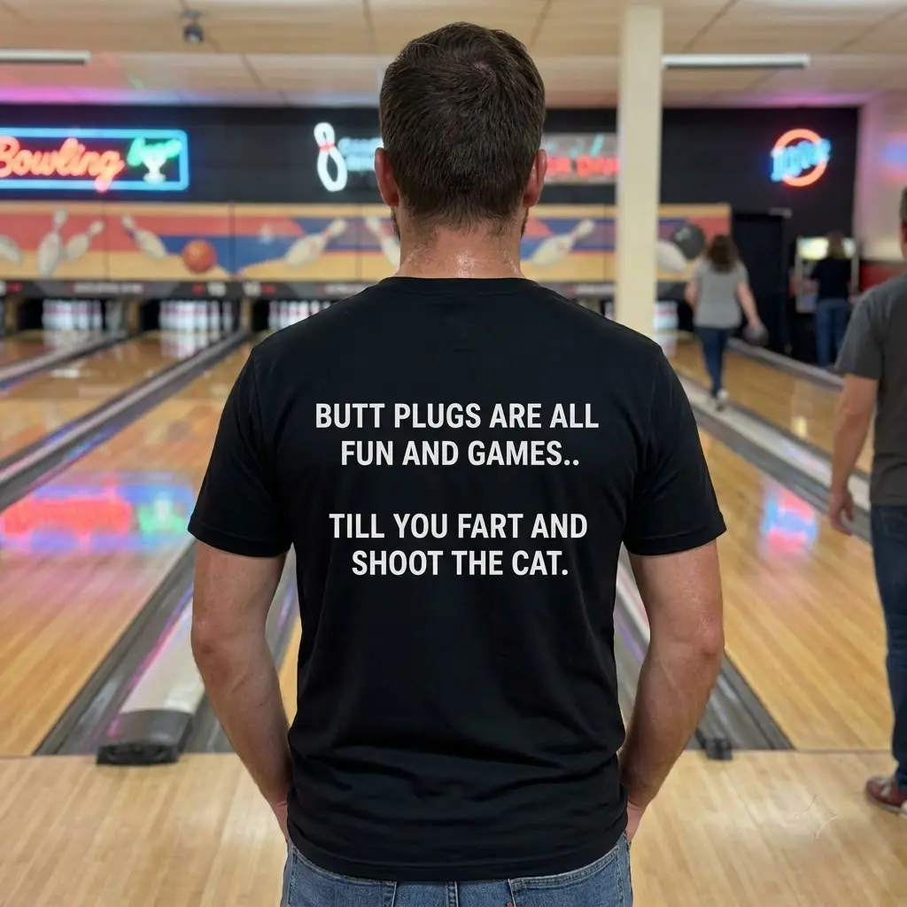 A lifestyle view showcasing the back of the funny adult gag humor t-shirt in a casual setting.
