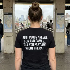 Funny Shoot The Cat Adult Gag T-Shirt 11 Close-up lifestyle shot highlighting the humorous printed text on the back of the black adult humor t-shirt.