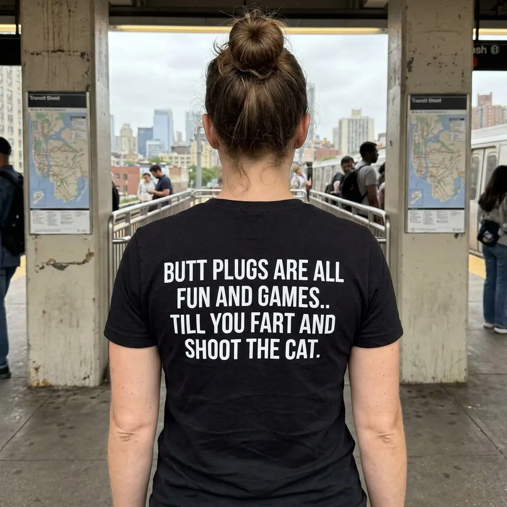 Close-up lifestyle shot highlighting the humorous printed text on the back of the black adult humor t-shirt.