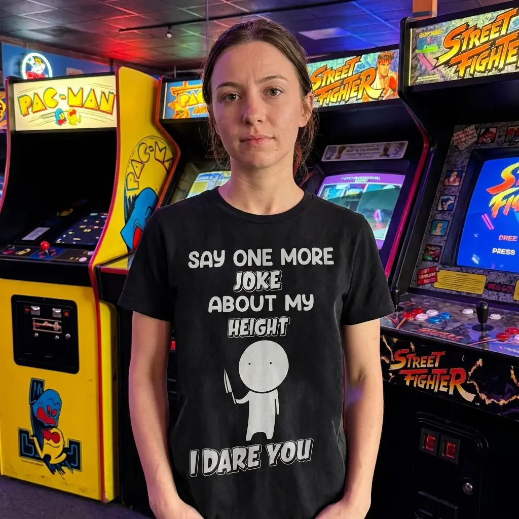 Funny Short People Height Joke Sarcastic T-Shirt 5 Lifestyle shot of the funny short people sarcastic height-joke shirt styled in a casual everyday setting