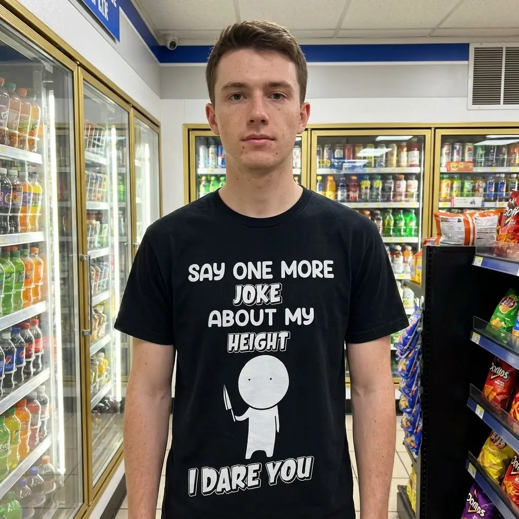 Funny Short People Height Joke Sarcastic T-Shirt 6 Casual lifestyle scene showcasing the humorous height-warning t-shirt design on a relaxed background