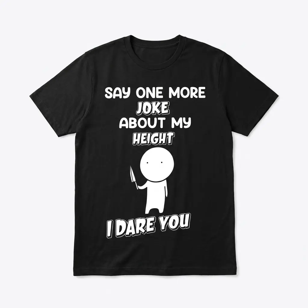 Funny Short People Height Joke Sarcastic T-Shirt 1 Flat lay of a white t-shirt printed with a humorous height-warning graphic for short people with sarcastic text