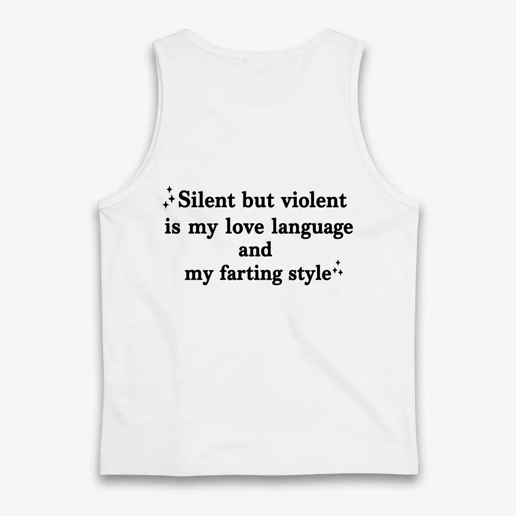 Funny Silent Love Language Farting T-Shirt 3 Back flat lay of a tank top featuring the funny quote Silent but violent is my love language and my farting style.