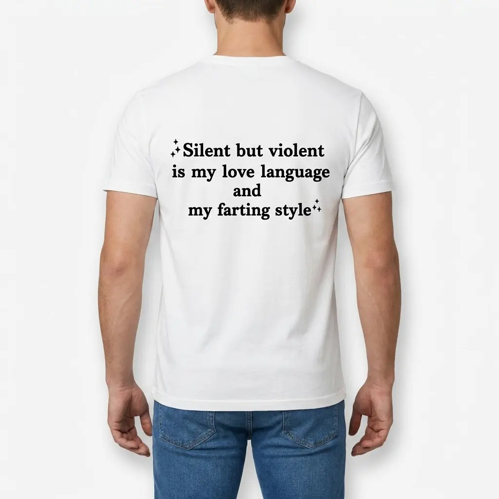 Funny Silent Love Language Farting T-Shirt 4 Rear view of a male model wearing the white t-shirt with the humorous farting love language quote printed on the back.