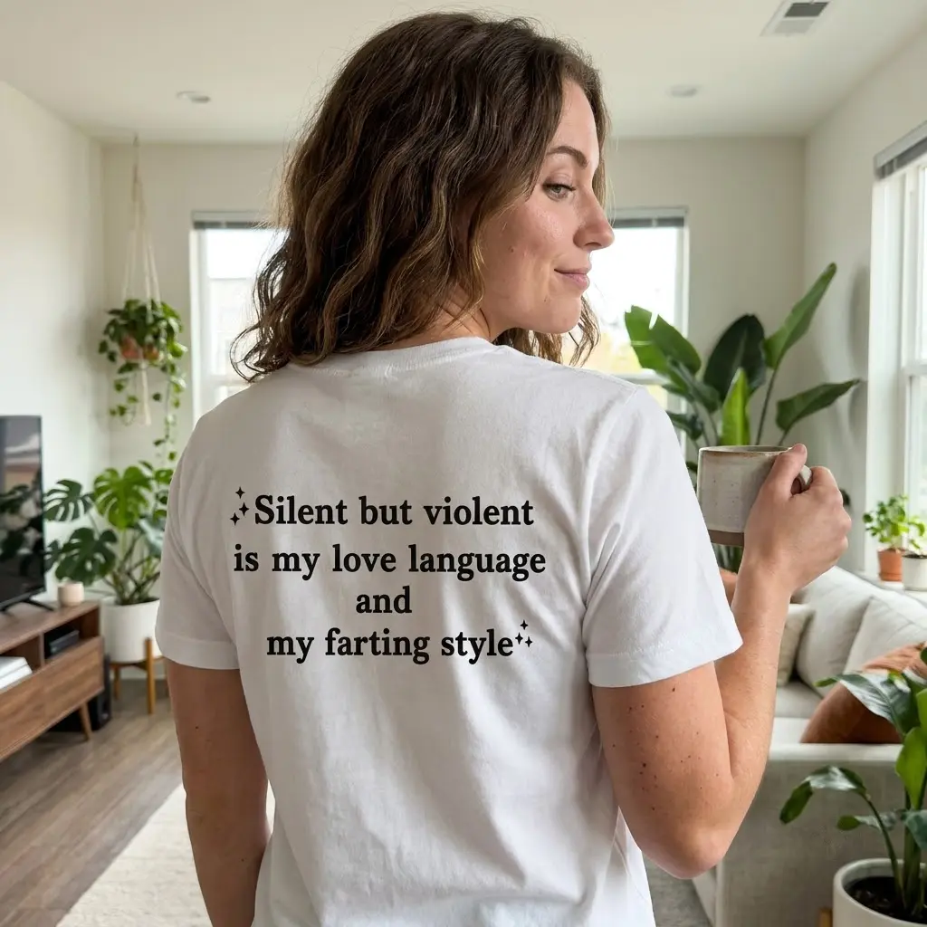 Funny Silent Love Language Farting T-Shirt 5 Lifestyle view of the funny farting graphic shirt displayed in a casual everyday setting.