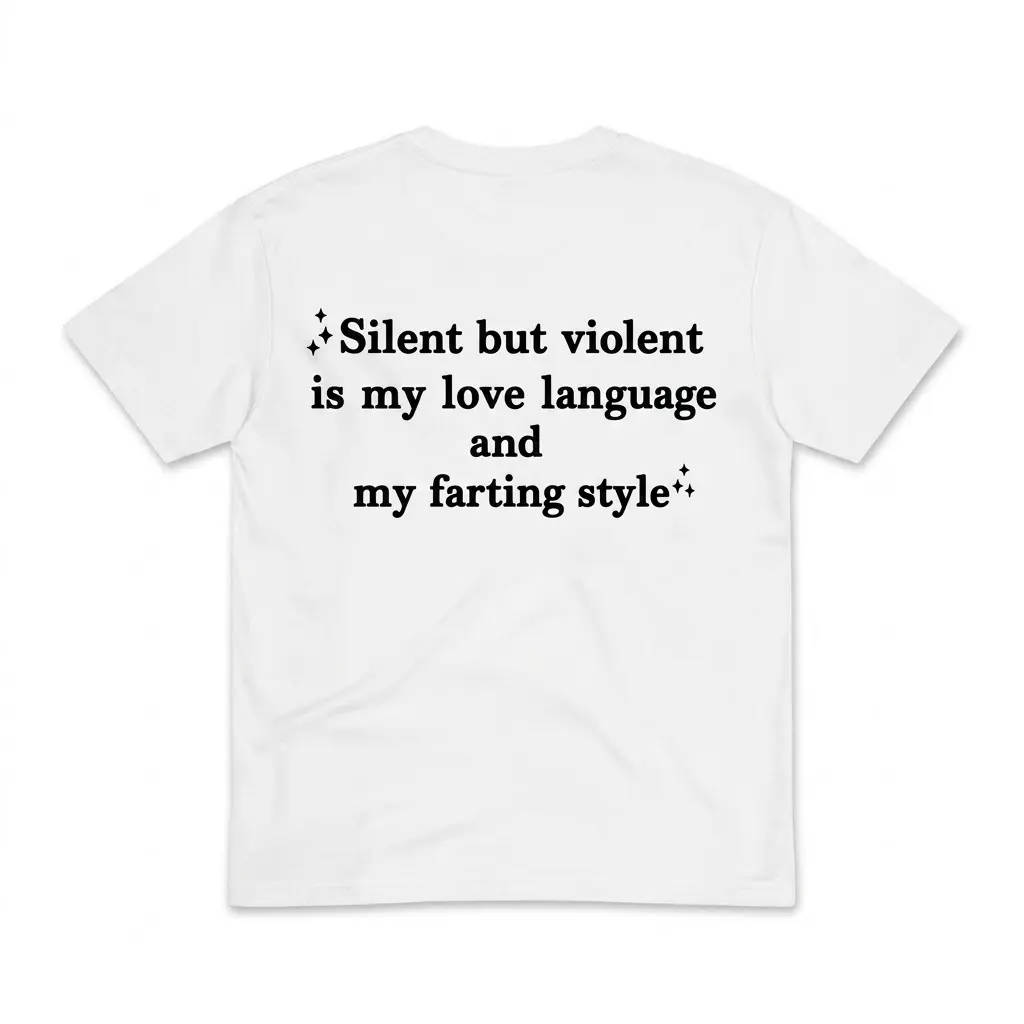 Funny Silent Love Language Farting T-Shirt 1 Back flat lay of a white t-shirt reading Silent but violent is my love language and my farting style.