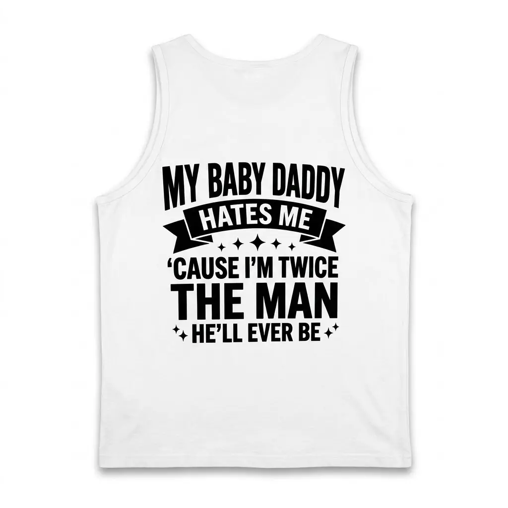 Flat lay display showing the back of a white tank top with a humorous graphic text design for single moms.