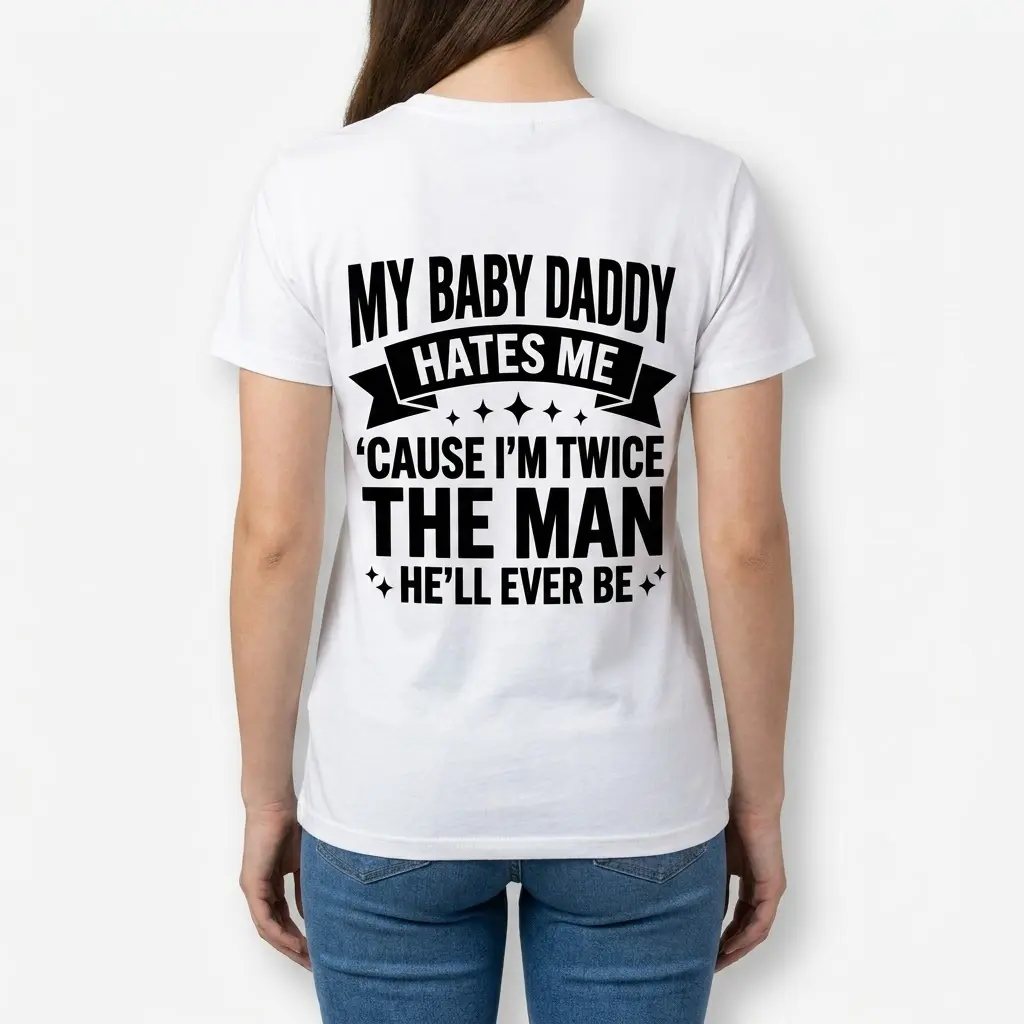 A woman shown from behind wearing a white graphic t-shirt that reads, My Baby Daddy Hates Me Cause I'm Twice The Man He'll Ever Be.
