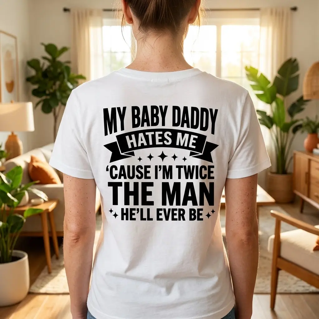 A casual lifestyle shot highlighting the funny single mom shirt design printed on the back of a white garment.