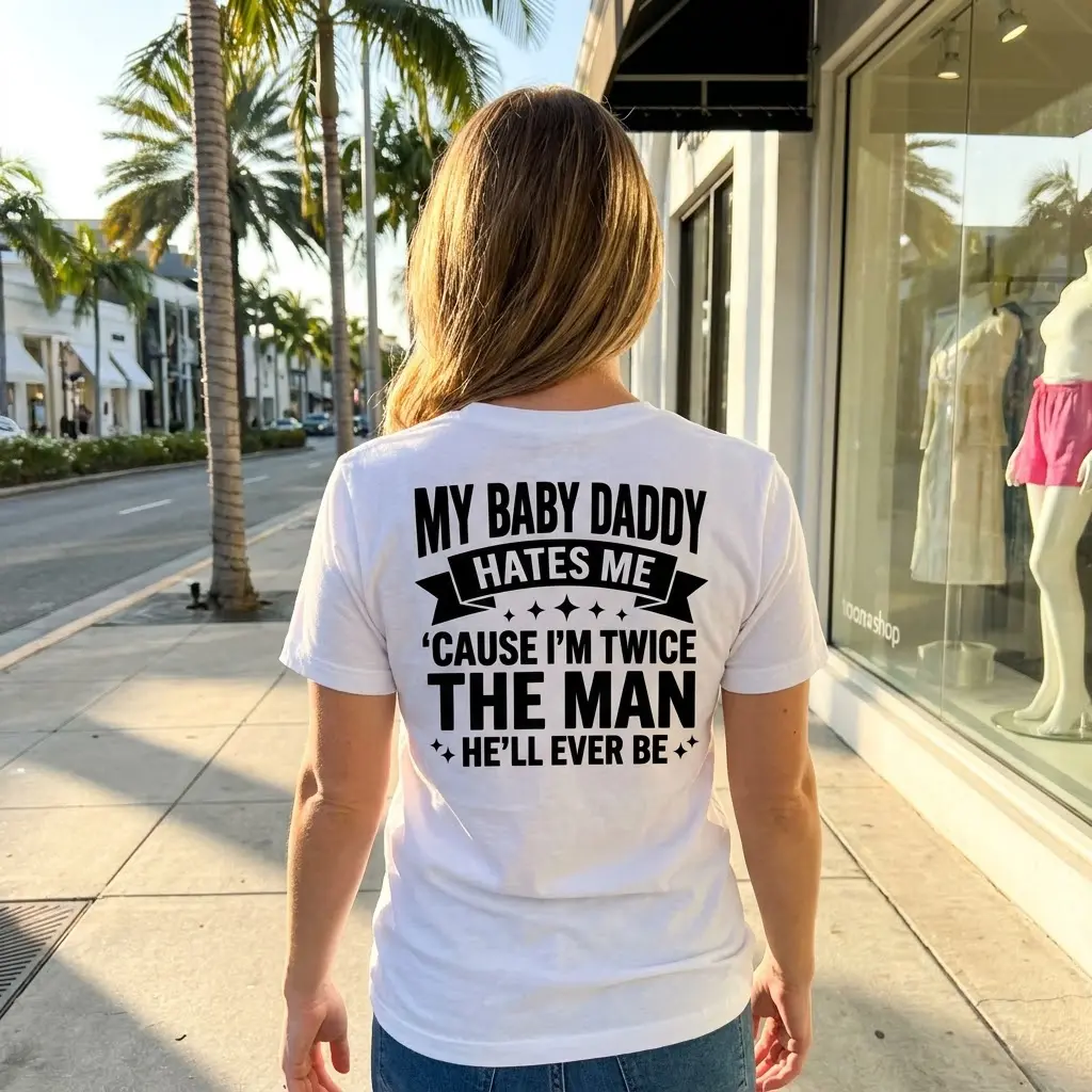 Close-up lifestyle view of the bold black graphic design printed on a comfortable white t-shirt for independent mothers.