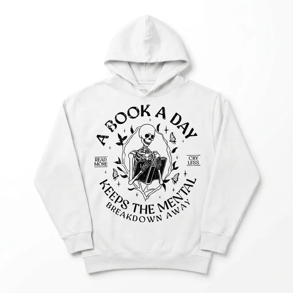 Front view of t-shirt with skeleton and book design.