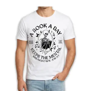 Funny Skeleton Reading Book Graphic T-Shirt 8 T-shirt showcasing skeleton reading design.