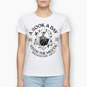 Funny Skeleton Reading Book Graphic T-Shirt 9 Detailed view of t-shirt with skeleton graphic.